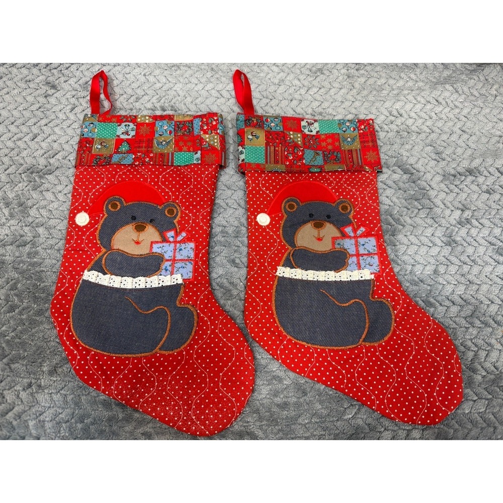 Vintage Style Quilted Teddy Bear Christmas Stockings Set of 2 Red Polka Dot 14in